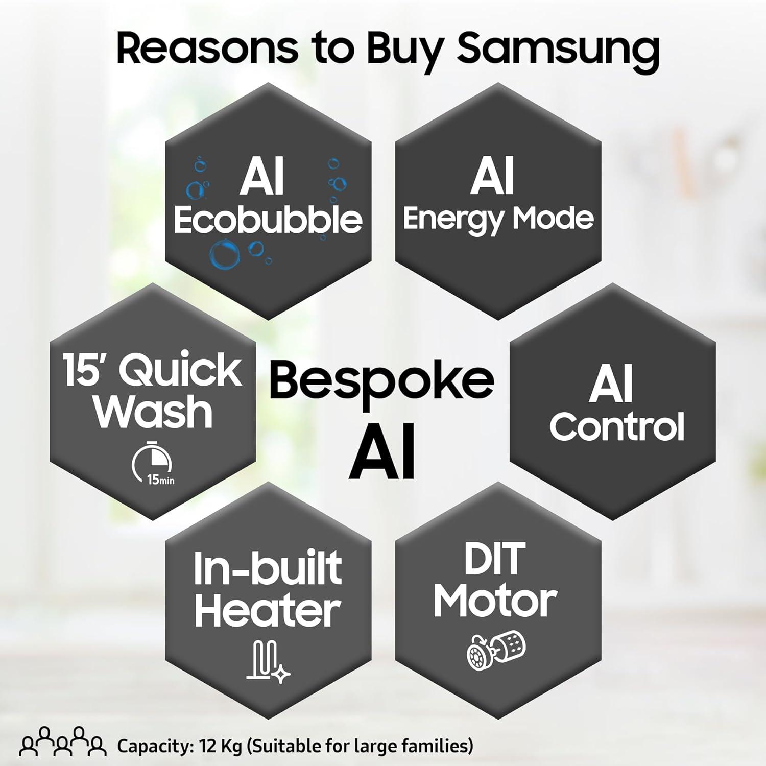 Samsung 12 kg 5star AI Ecobubble Super Speed Wi Fi Hygiene Steam with Inbuilt Heater Digital Inverter Fully Automatic Front...