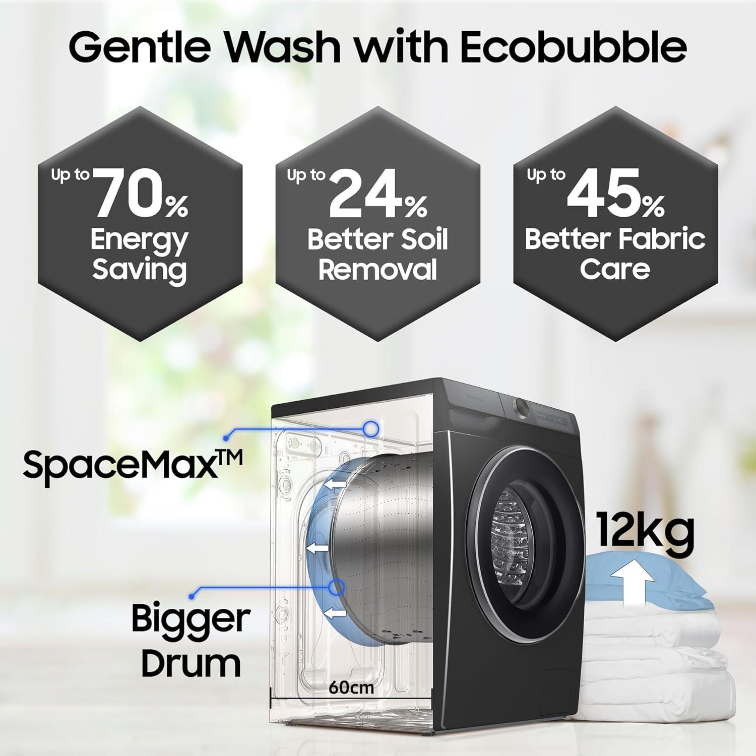 Samsung 12 kg 5star AI Ecobubble Super Speed Wi Fi Hygiene Steam with Inbuilt Heater Digital Inverter Fully Automatic Front...